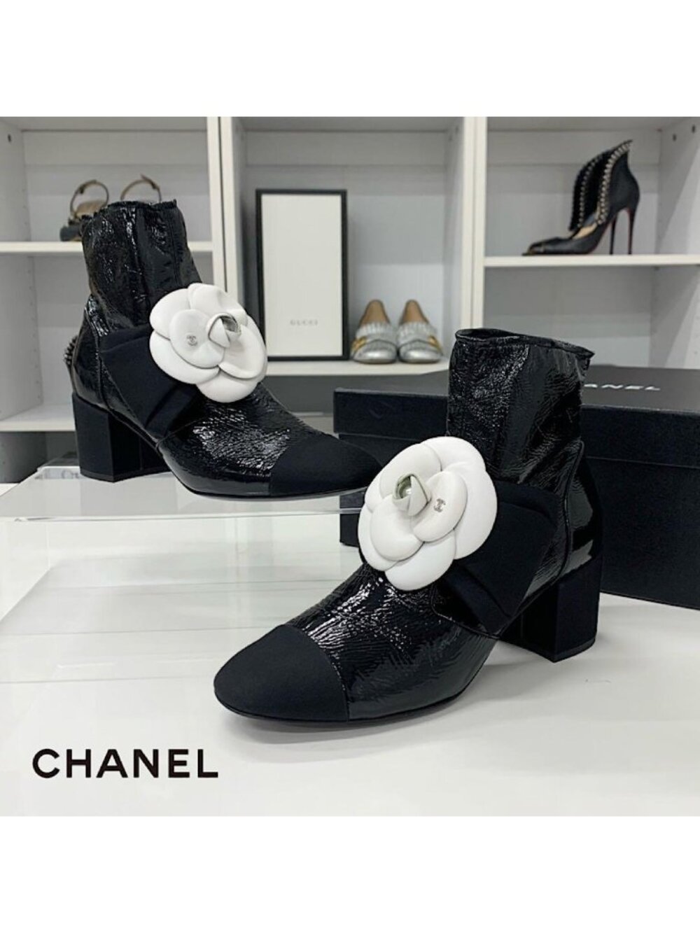 Chanel Camellia Ribbon CC Logo Patent Wrinkled Short Boots